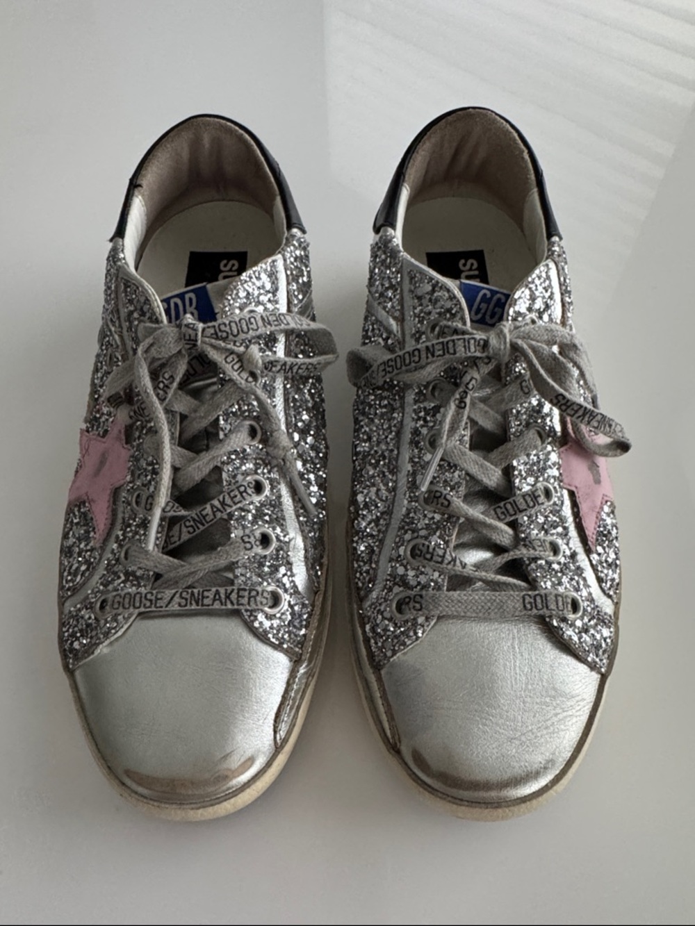 Golden Goose Silver Glitter Low-Top Sneakers with Pink Star